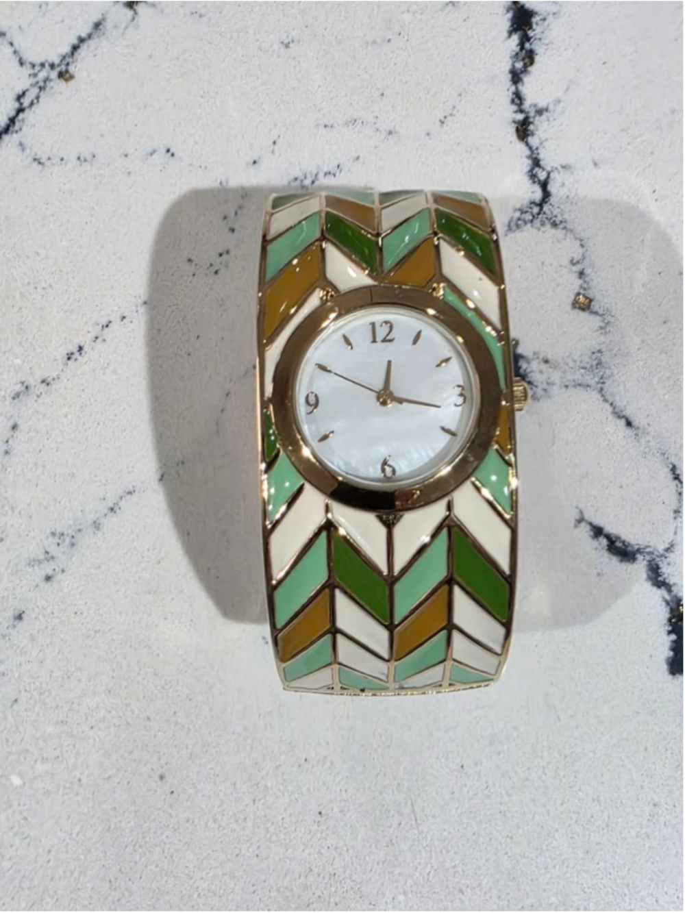 Women's Unbranded Green Gold White Chevron Bangle Watch One Size